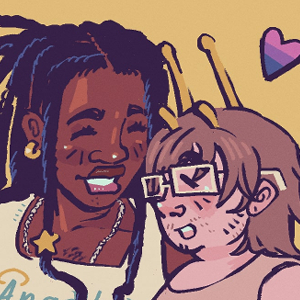 Velvet and Shrimp pride doodle, with trans and bisexual flags.